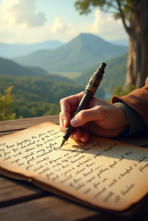 A hand writing with an old style pen on a paper against a background of an inspiring landscape in the background, 16 x 9 format