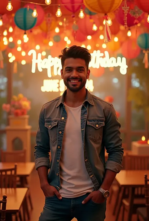 20 year old Indian boy handsome wearing normal dress posing for beautiful birthday party after in background date 06/09/2024