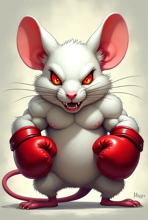 make a picture of a big white mouse with red eyes,muscular and with boxing gloves,very scary cartoon style 
