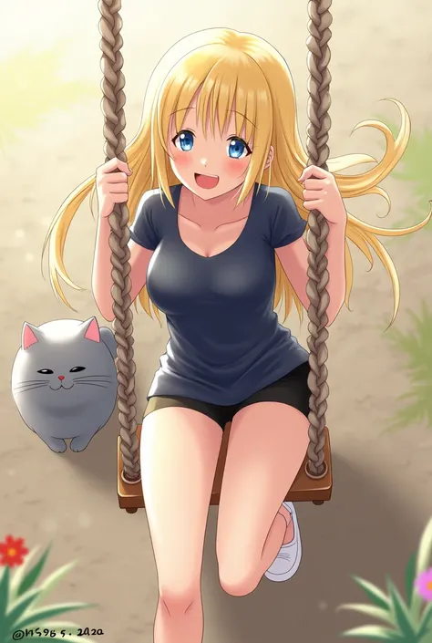 Animated  gold blond shoulderlengt straight hair blue eyes darkblue top and black shorts sitting on a swing an smiling a grey cat is watching her swing