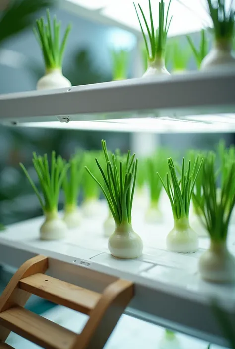 A hydroponic system that has planted Chinese onions but recently planted and that has 3 steps with a wooden ladder 