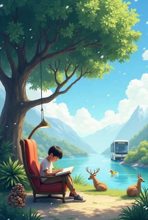 Banyan tree on the right.the boy read the book, zerman dog, blue sky, white hills, river, white cloud, natural view, duck, river on bridge stylish, luxury bus,boy seat on luxury chair, snow fall,cow,dog, flying fish,buck,dear, hanging chair,
