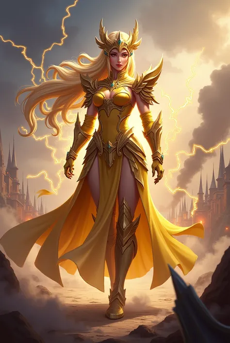 Kaja from the game mobile legends bang bang overflowing with lightning power with golden armor in a war scenario 