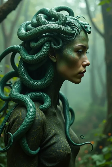 medusa, full body, bellissima realistica donna con serpenti veri e realistici che scendono sul capo come fossero capelli, background surrealistic forest