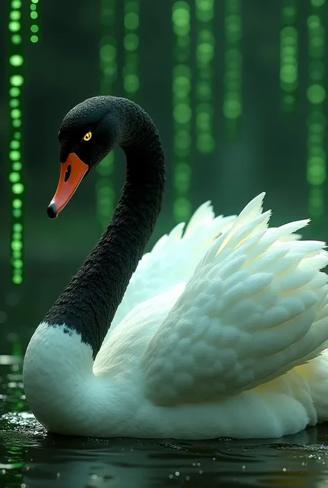 A black-necked swan in the style of the Matrix movie