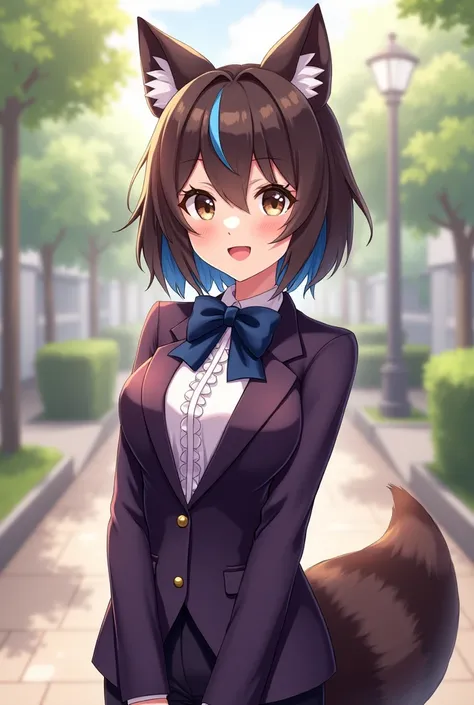 8k,of the highest quality,masterpiece,(((pixel perfect, Perfect in every detail))), ,Mycotrose, Brown eyes,Dark brown hair with blue streaks on the sides,short hair,raccoon ears and tail, blush,happy smile, smile, open the mouth,ol ,Viste un traje forml de...