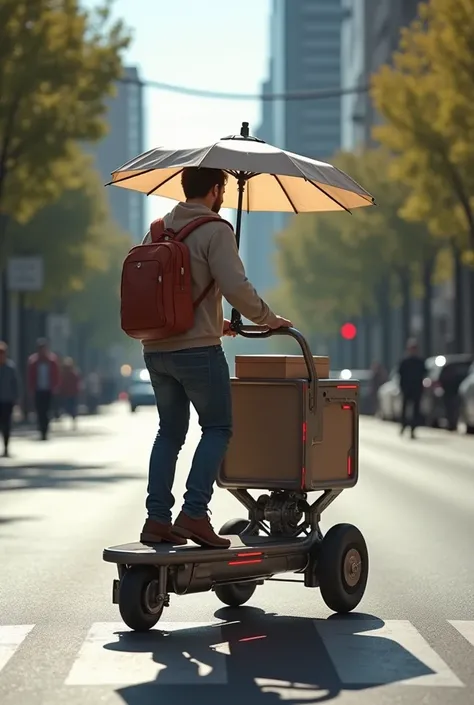 Shopping cart merged with a skateboard to deliver to homes and add a person to drive and add an umbrella 