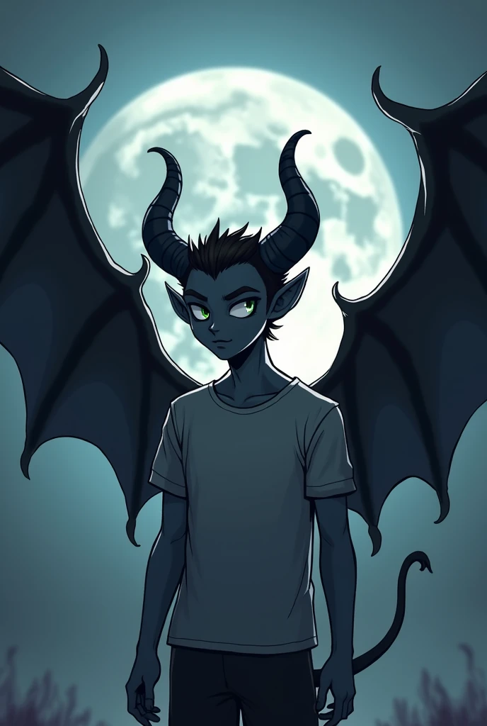 a  human with 6 black wings and black horns behind the moon with a t-shirt and like a cartoon and humanoid and human only with black horns and black wings