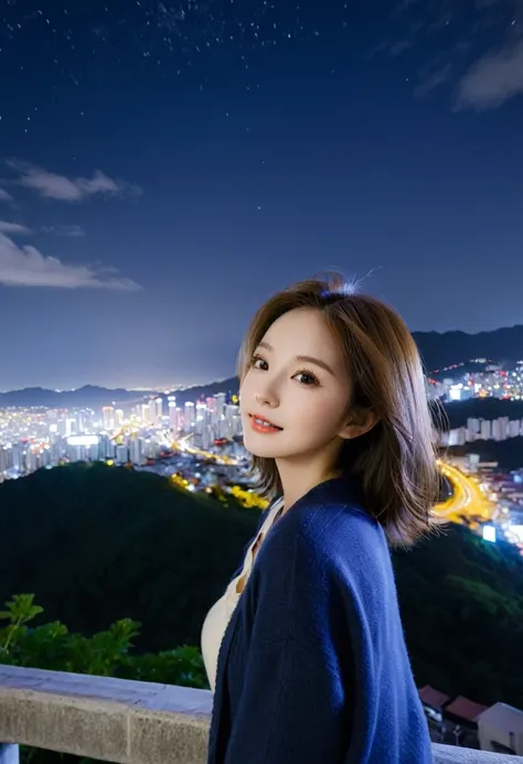 woman、very cute、Perfect Face、Beautiful night sky、top of the hill、The cityscape below、