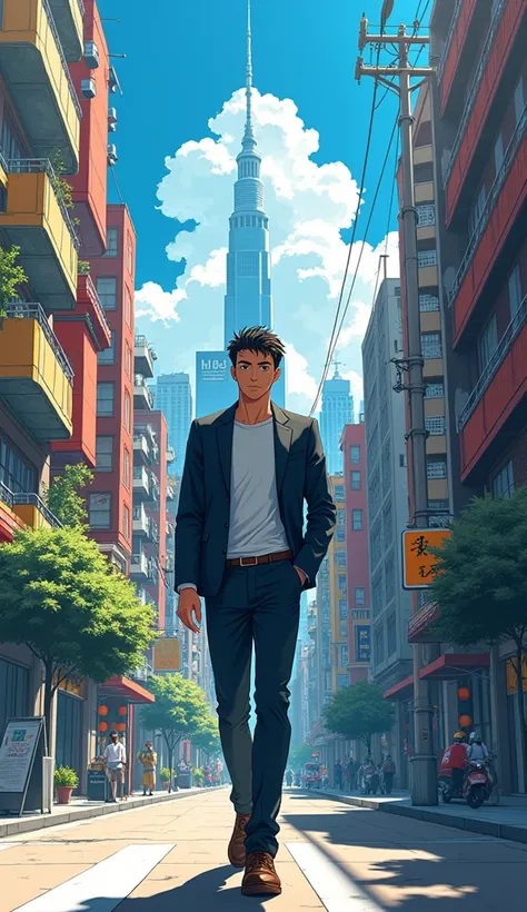 portrait of a man walking on street , anime style , illustration , anime city view , iconic buildings