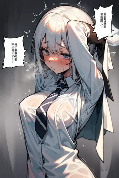 undress ghost girl covered in translucent sweat,
with a gray striped tie is sweating from training.take off gloves,Japanese text