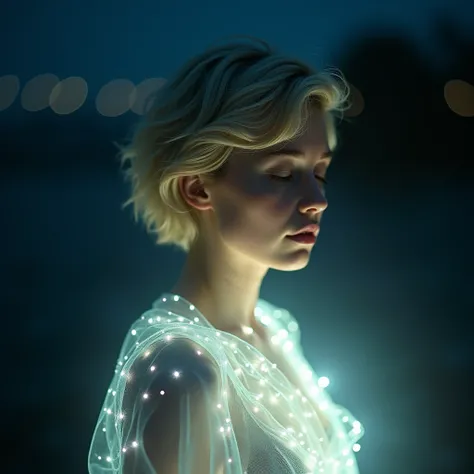 Young woman, very beautiful,short blonde hair, seeing that they emit light, ultra realistic, Night background x waist up side view, 8K photo quality, Realistic details, ultra definition. 