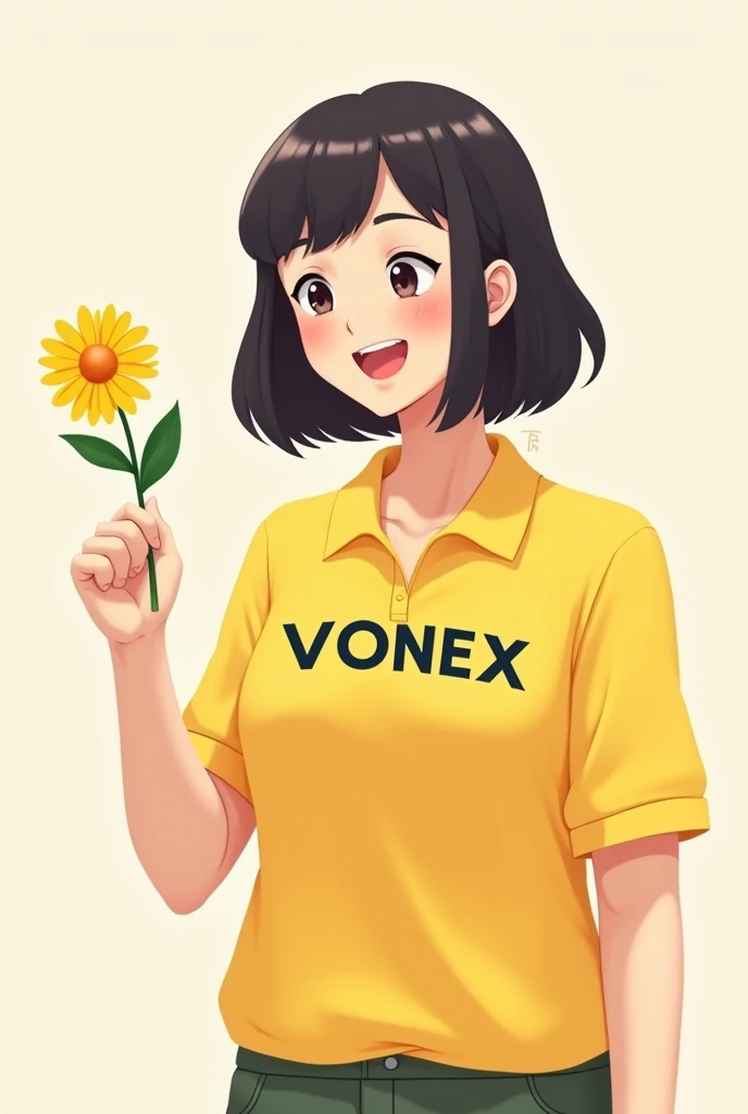 Create an image of a tutor with a yellow polo shirt that says vonex and as if giving a yellow flower in an animated way But only the tutor offering a flower with a face of expression , I am with you and supporting you , the name of vonex that is in the cen...