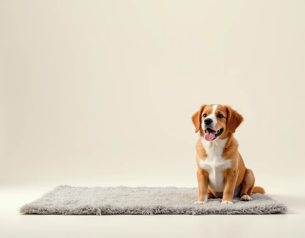 A spotless hygienic rug with a dog sitting next to it, glad, calm and obedient.