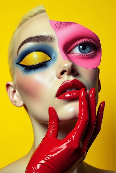 A collage of various facial features and elements. Theres a prominent eye with a vibrant yellow and pink gradient, an eye with a glossy pink finish, a close-up of a red lip, and a hand with a red glove touching the chin. The collage is set against a bright...