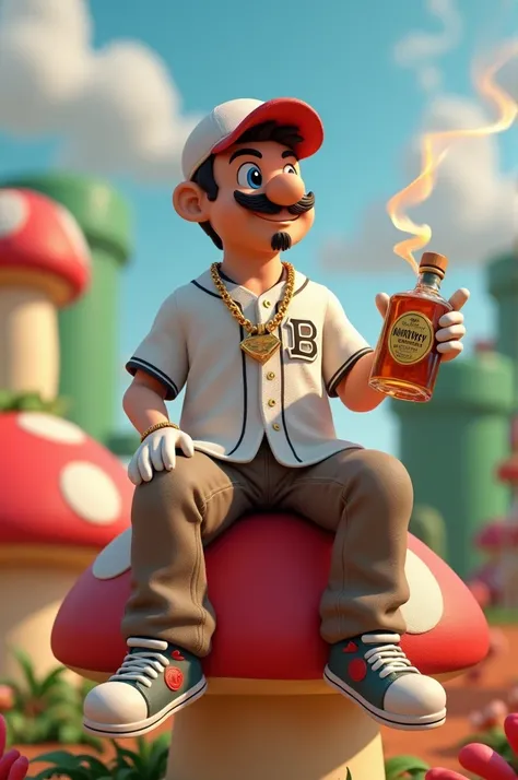 3d white character with small beard with team jersey team cap pants with gold chain gold watch,with a bottle of blue label whiskey in his hand and a cigarette in the other smoking sitting on a mario world mushroom in the world of mario world