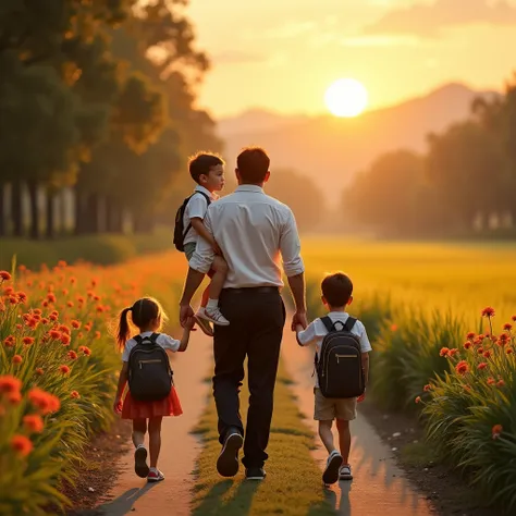 The photo is taken from the back of the father wearing black pants and a white shirt tucked in, with thick shoes. Holding a  boy in her ear, holding a  boy in one hand, while her  sister walked next to her shoulder carrying a backpack on a path full of flo...