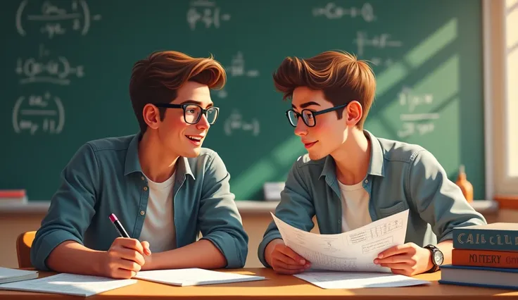 A realistic scene in a classroom, with a 3 math teacher, wearing glasses, dressed casually, holding a pen and listening carefully to the student. the student, with a concentrated expression and gesturing as he explains what he meant in a wrong question on ...