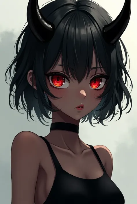 Anime girl, red eyes, dark skin, short black hair with white streaks, wearing a black dress,  Long eyelashes and a pair of black horns 