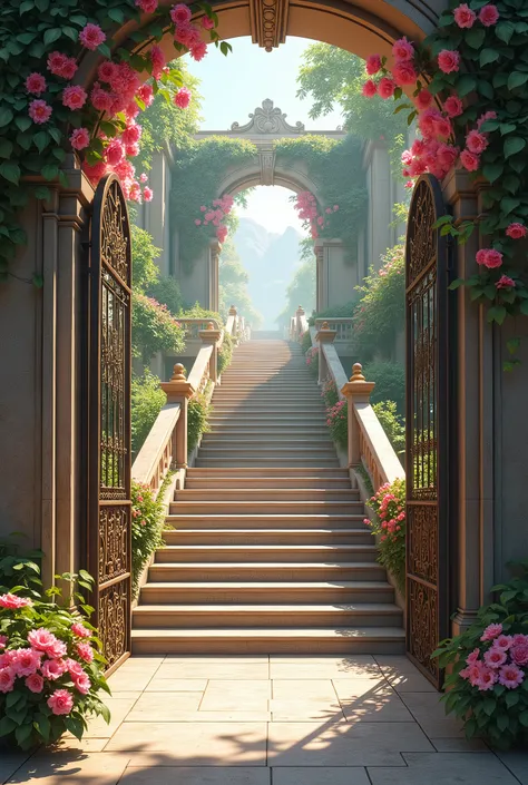 A staircase going upwards through gates , full of flowers blooming at the both side of stairs welcoming the view