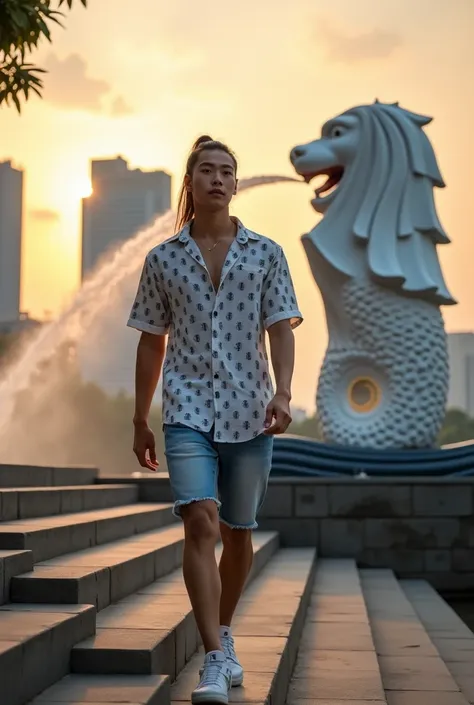 Fullbody photogenic featuring professional photography of a handsome Korean young man, with long hair tied back in a ponytail , wearing a white shirt with black patterns, wearing short jeans and sneakers, walking up the stone steps near the merlion statue ...