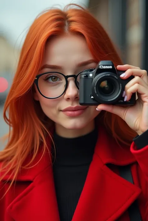  redhead with glasses and a red coat looking 1 taking a selfie 