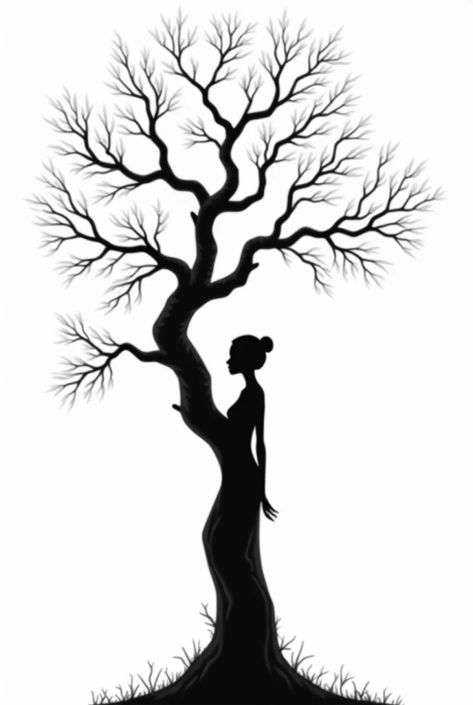 black and white, a bare tree with branches that are shaped like a beautiful woman, silhouette of a woman