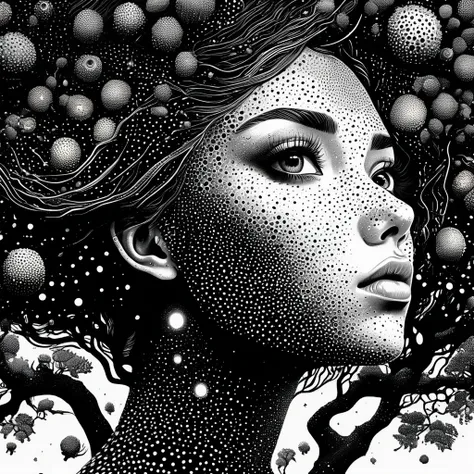 strange illustration，Pointillism method，trypophobia，Building in the treetops，beautfull woman，unrealistic，Strong Visual Impact，black backdrop，star