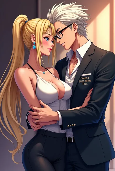 Long Hair, Breasts, Blush, Blonde Hair, Jewelry, Ponytail, Earrings, High Resolution, Bangs, Large breasts, Blue eyes, Closed Mouth, Makeup, Happy, Anime, Anime Style, yu-gi-oh, yugioh, yu-gi-oh style, yugioh style, corporate, business attire, glasses, rea...