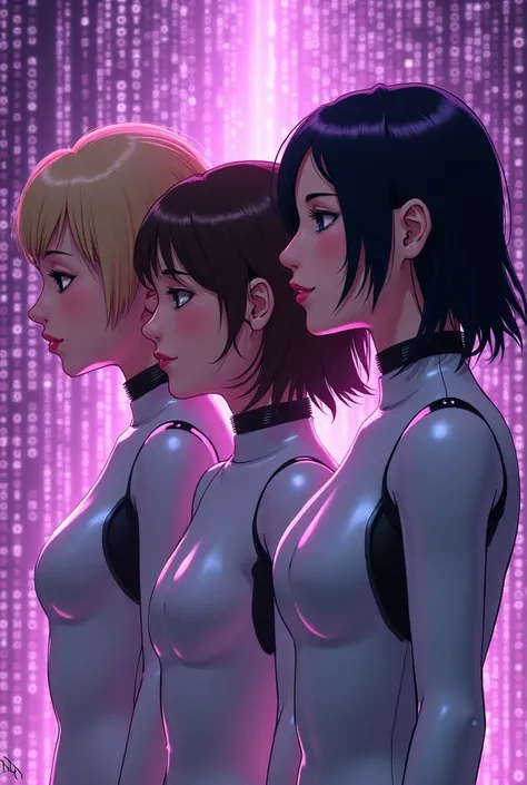  photo in drawing that has 3 programmed girls A blonde, a brunette with wavy hair and another with black hair and in the background there are binary codes in the color purple 