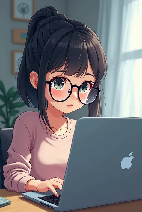 a girl working in laptop wear glasses .she coding something generate in anime style
