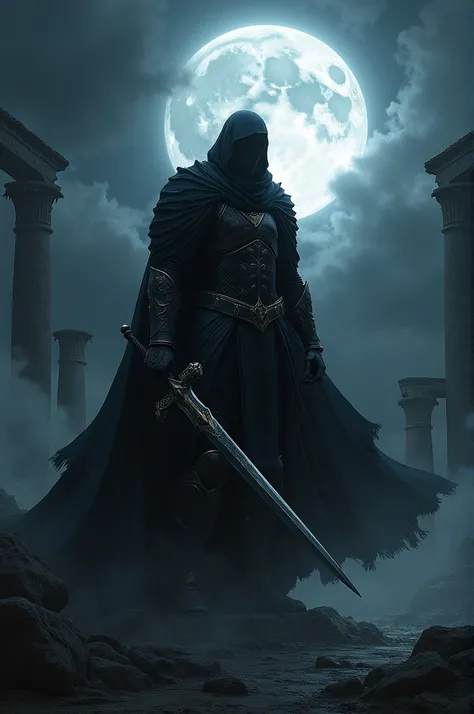 Background: A night landscape with dark clouds and a full moon.
THE GUARDIAN: A warrior in black armor, with a fluid cloak that seems made of shadows. He holds a shining sword that emits a dark light..
Additional Detail: Ancient ruins in the background and...