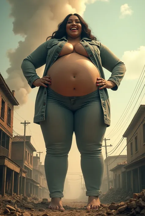 Cardi B pregnant and huge belly tall woman, his feet and High up, masterpiece, Highest quality、giantess, Giant Humans、Giant woman、smile、Open mouth and show teeth、beautiful body、simple、beautiful、filming cinematic scene、Buildings being destroyed beneath our ...