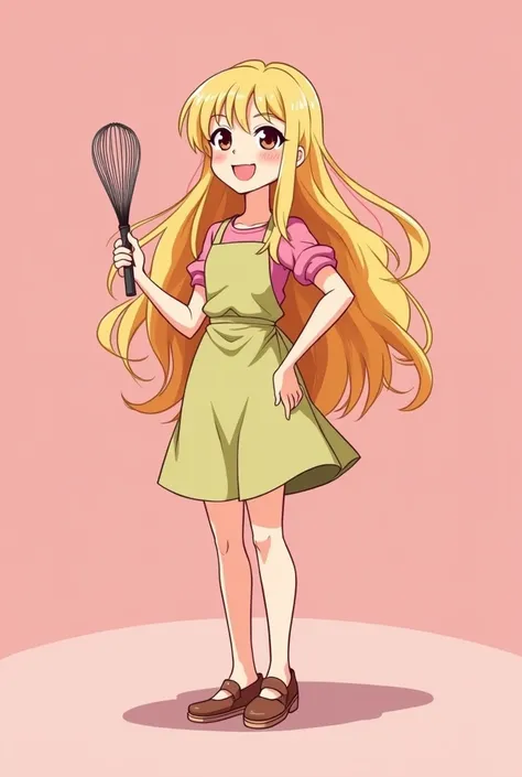 Create a full-body female character. 
That is free from cooking. Who has blonde hair and a whisk in his hand. 
The background is pink. Be smiling happily.  
The style will be in cartoon cote vertor. No anime trace. 