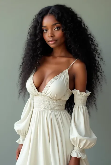 1 young woman, gorda, dark skinned and long black curly hair, in a white dress with long sleeves 