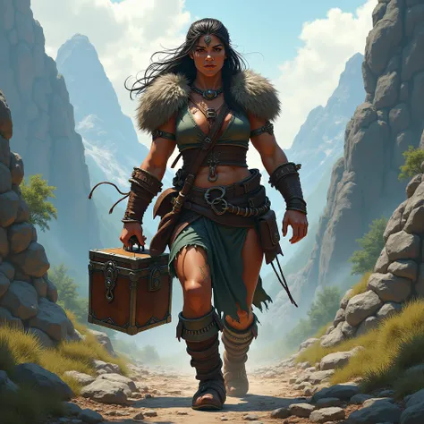 A half-orc female barbarian returning home with her treasure、Leather pouch and treasure chest filled with treasure、Dungeons＆Dragons