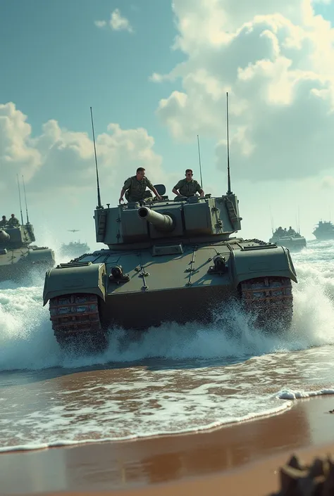 Amphibious war tanks leaving the sea entering the beach in a joint attack