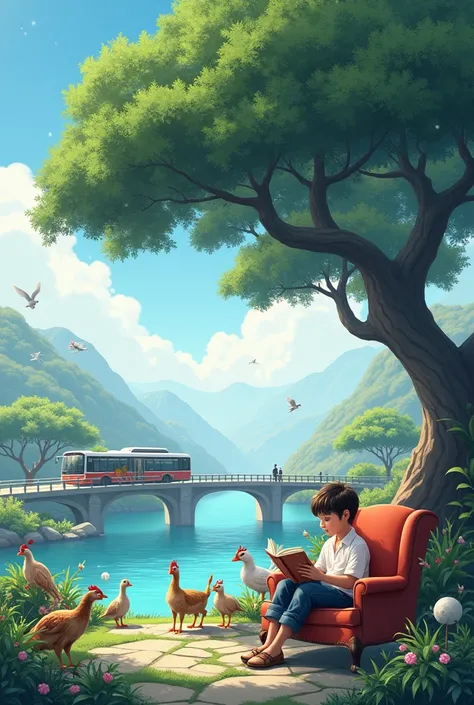 Banyan tree on the right.the boy read the book, zerman dog, blue sky, white hills, river, white cloud, natural view, duck, river on bridge stylish, luxury bus on the bridge,boy seat on luxury chair, snow fall,cow,dog, flying fish,buck,dear, hanging chair,h...