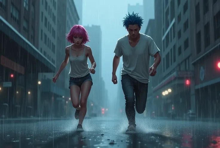 A front view of a young woman, with short pink hair, is chasing after a man who is running away. He is wearing a white shirt, and his black hair has a streak of blue. The two characters are separated by a heavy downpour, adding to the melancholy of the sce...