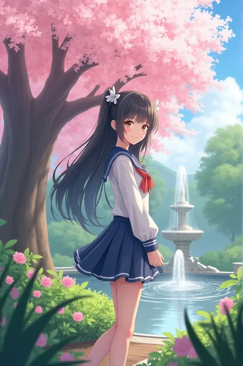 A teenage girl in a school uniform, long black hair tied in a white bow, stands smiling in a garden with a cherry tree and a fountain.