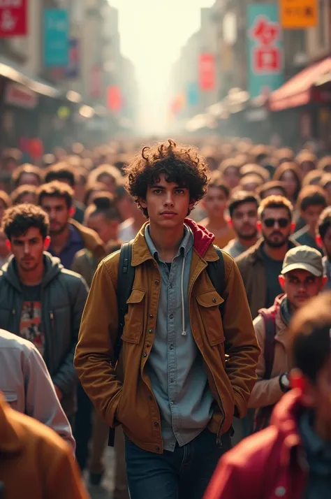 Photo of young man in the middle of the crowd