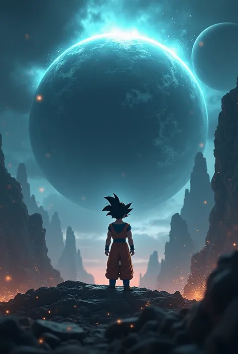 Poster of parallel universes with planet in the background, with dark and gloomy tone and Gohan (from dragon ball super) miniature 