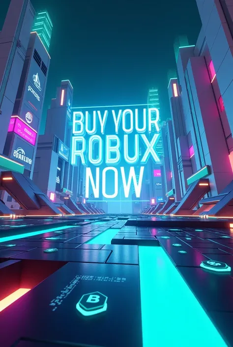 Generate modern and eye-catching roblox game background, with the word buy your robux now 