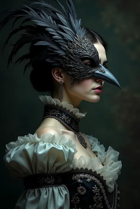 Woman&#39;s face in profile with baroque dress and raven mask   