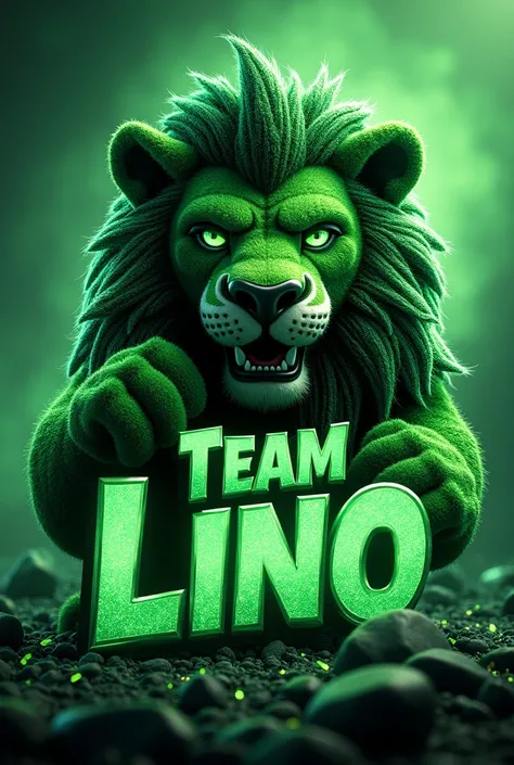  green lion mascot with glitter written Team Lino with glitter background 