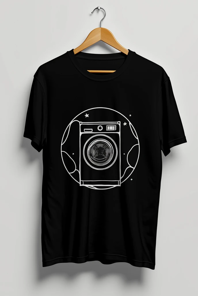 A black T-shirt with a sketch of a washing machine in the middle of the Jin Jan symbol 