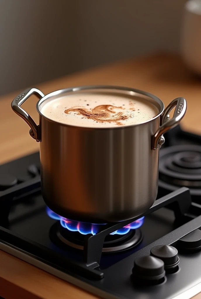 Create an image of a modern pot without a lid on a gas stove that has panela milk and cinnamon inside
