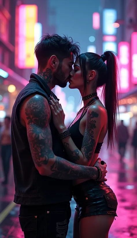 A beautiful colourfully tattooed male punk kissing a striking punk woman in_vibrant_neonlighted_mega_city, 3d-effect, beautiful_face, perfect_hands, highest_Resolution_concept_Art_full_body_portrait, splash_screen, vray_raytraced, amazing_colours, masterpi...