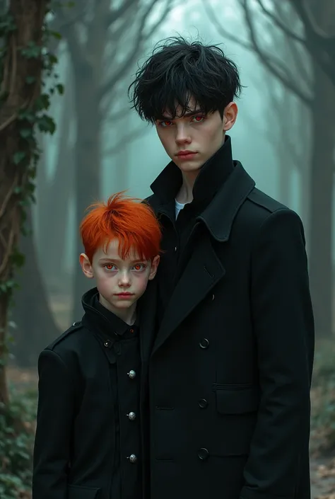 A boy, little, redhead, Red eyes, pink lips with a tall black haired boy in black clothes