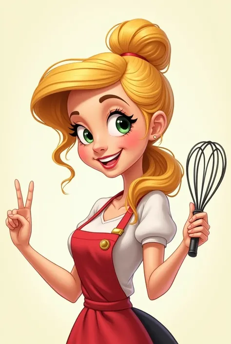 Create a half-body female Disney-style character.
That is free from cooking. Who has blonde hair and a whisk in his hand. 
The background is flat neutral. Be smiling happily.  
The style will be cartoon cute